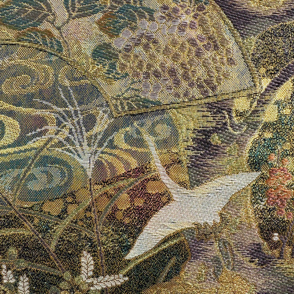 【美品】 袋帶 秀品級 色彩花鳥 扇子面 金絲 金金箔 金色 六通 純蠶絲