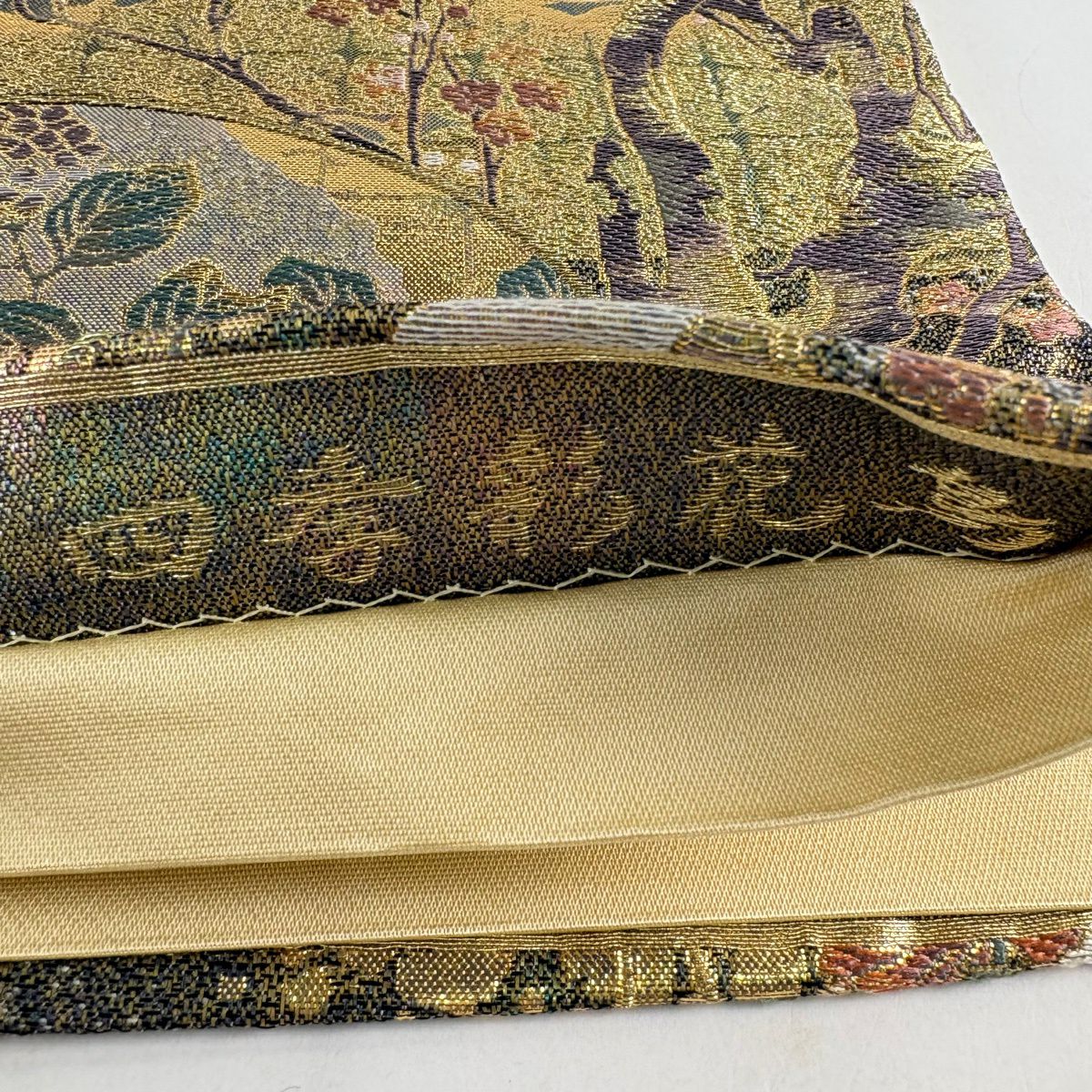 【美品】 袋帶 秀品級 色彩花鳥 扇子面 金絲 金金箔 金色 六通 純蠶絲