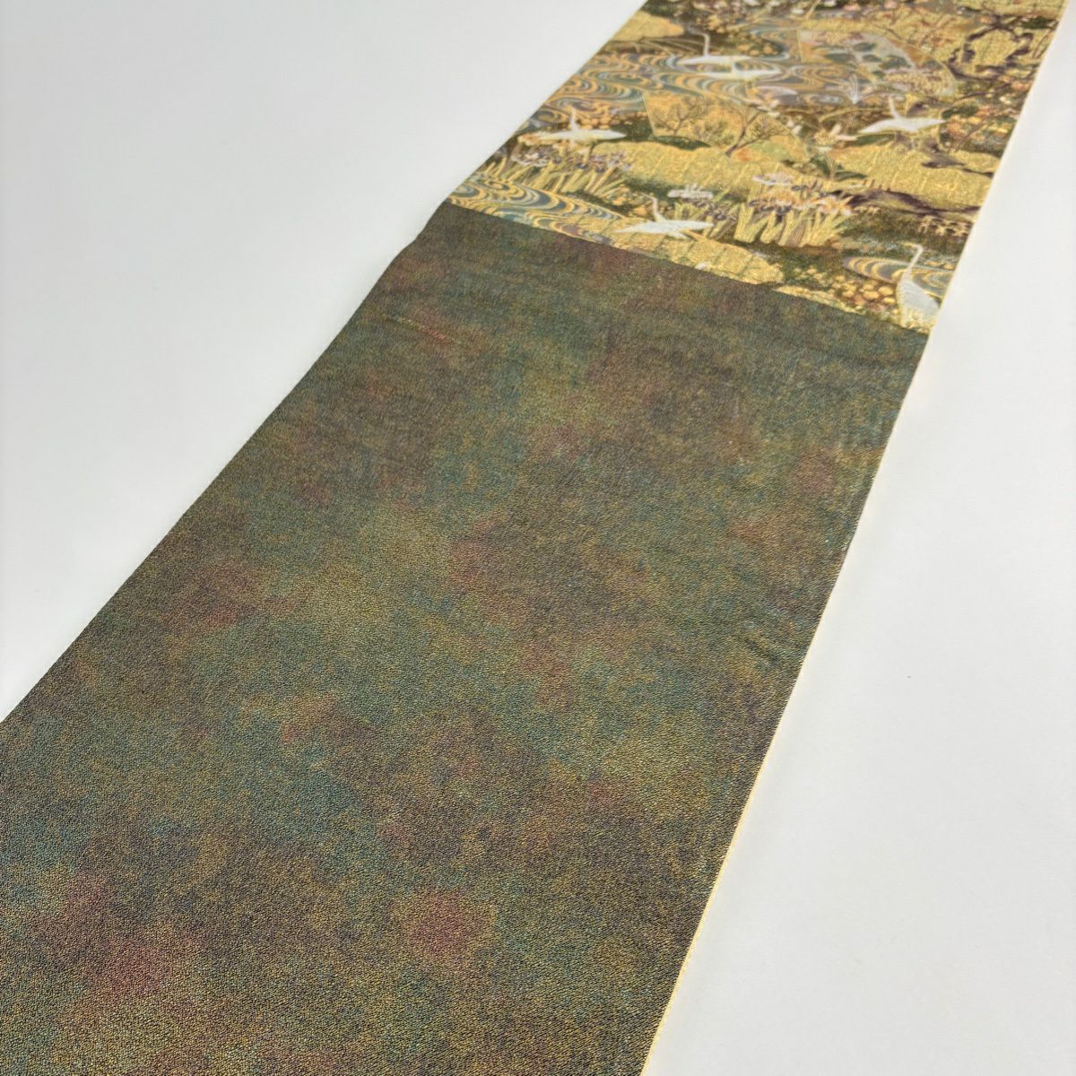【美品】 袋帶 秀品級 色彩花鳥 扇子面 金絲 金金箔 金色 六通 純蠶絲