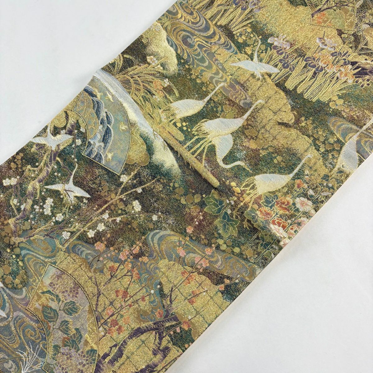 【美品】 袋帶 秀品級 色彩花鳥 扇子面 金絲 金金箔 金色 六通 純蠶絲