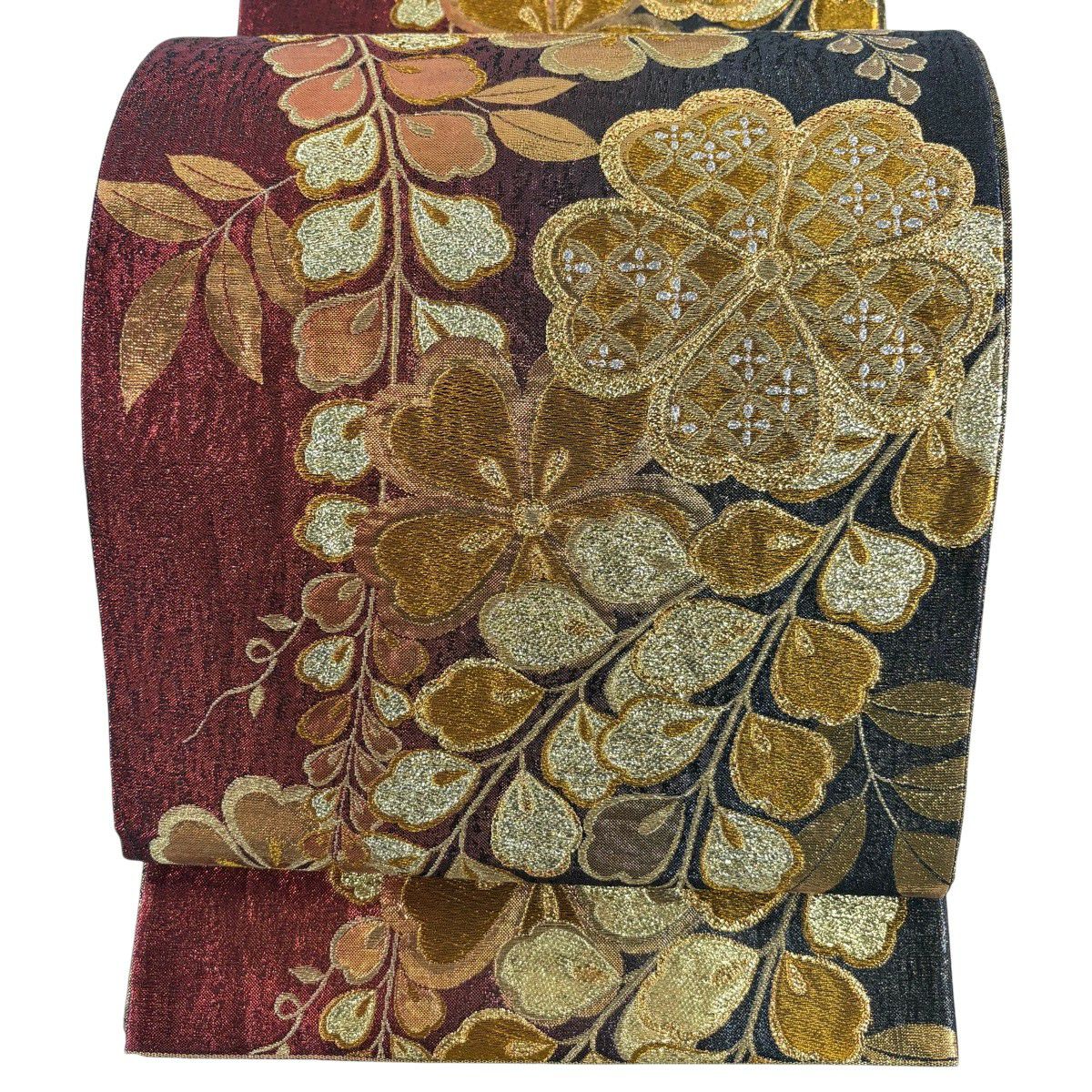 【美品】 袋帶 優品級 振袖禮服禮服用 櫻花 藤花 金金箔 金絲 紅 六通 純蠶絲