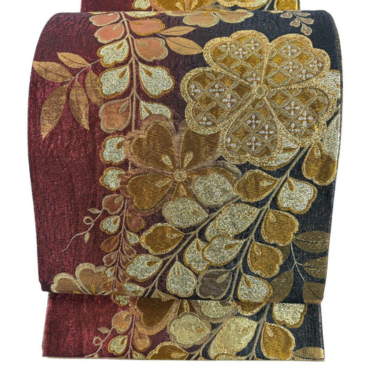 【美品】 袋帶 優品級 振袖禮服禮服用 櫻花 藤花 金金箔 金絲 紅 六通 純蠶絲