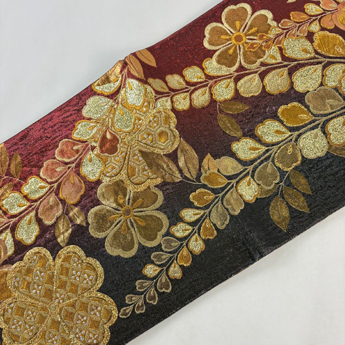【美品】 袋帶 優品級 振袖禮服禮服用 櫻花 藤花 金金箔 金絲 紅 六通 純蠶絲