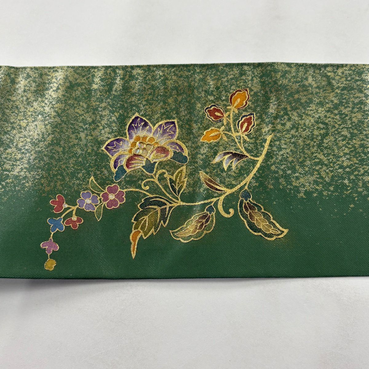 名古屋帶 秀品級 草花紋紋 蝶 螺鈿 金銀彩 綠 純蠶絲