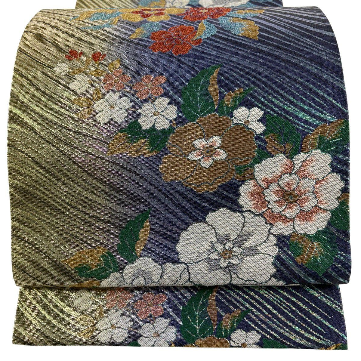 【美品】 袋帶 秀品級 草花紋紋 よろけ縞 金銀彩 金箔 青紫 六通 純蠶絲