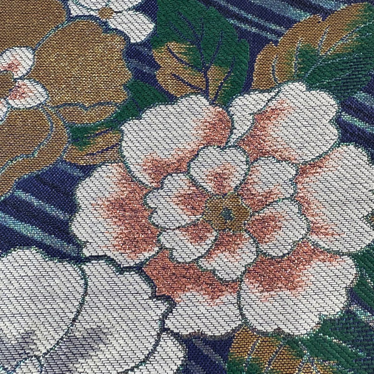 【美品】 袋帶 秀品級 草花紋紋 よろけ縞 金銀彩 金箔 青紫 六通 純蠶絲