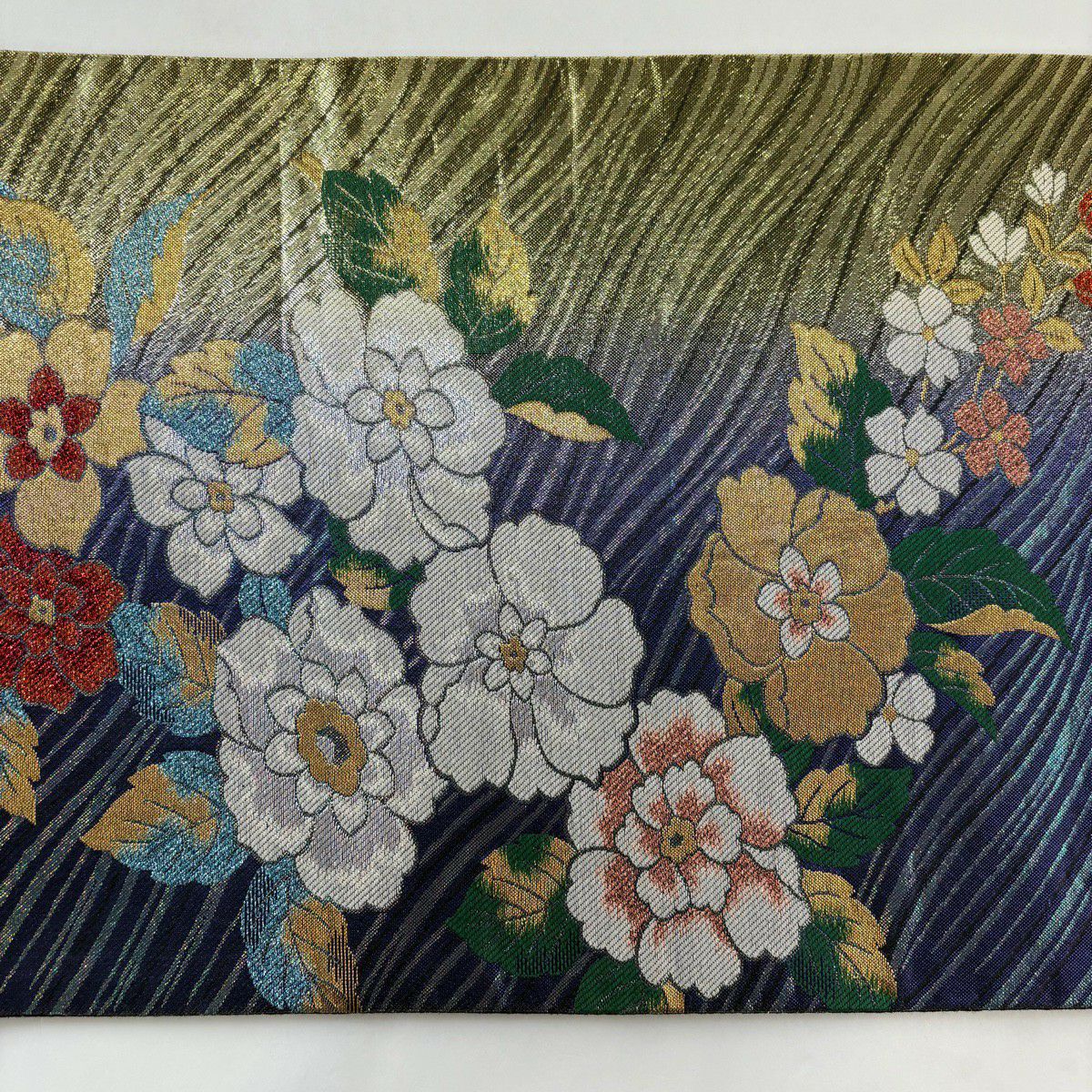 【美品】 袋帶 秀品級 草花紋紋 よろけ縞 金銀彩 金箔 青紫 六通 純蠶絲