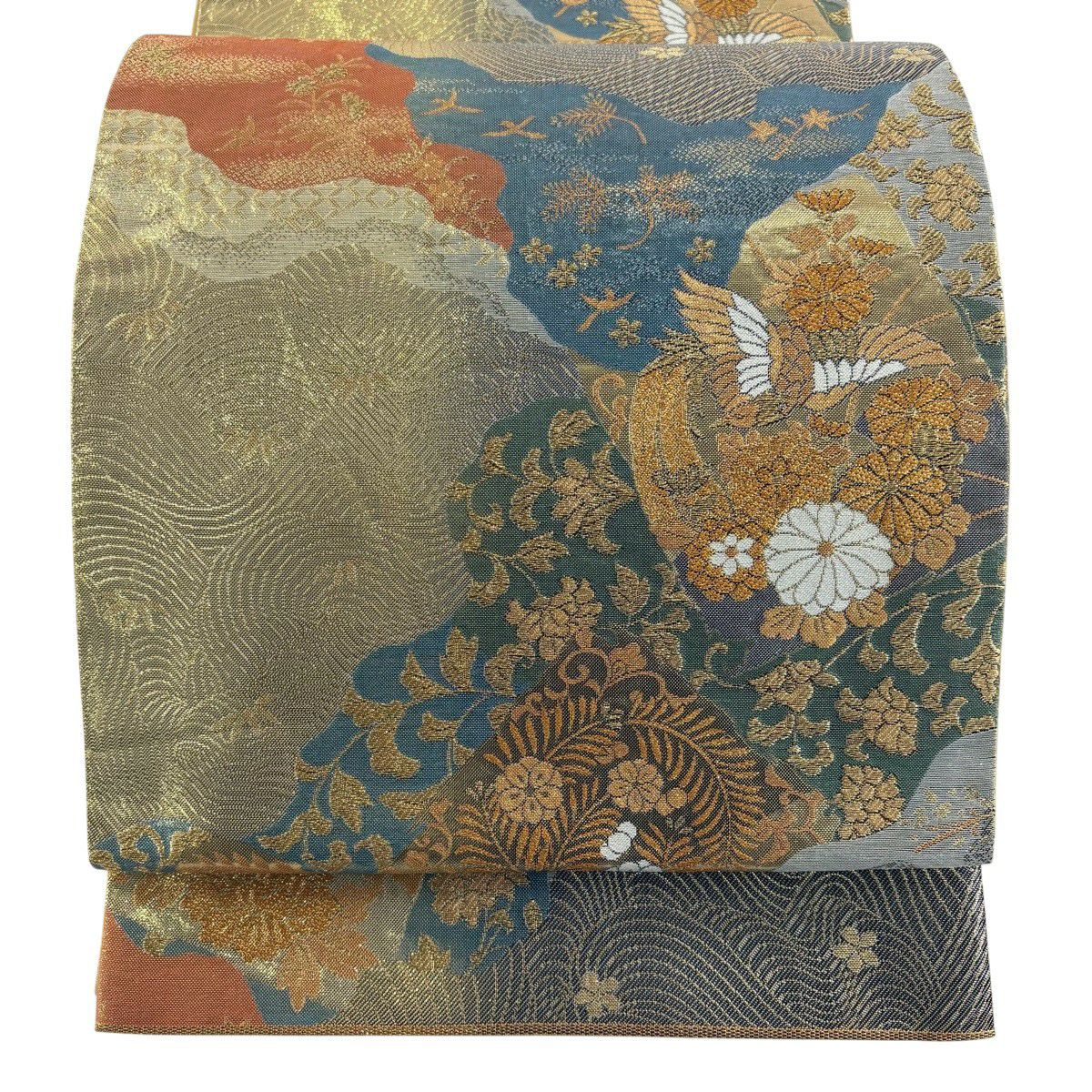 袋帶 秀品級 菊花 鳥 金絲 金金箔 青灰 六通 純蠶絲