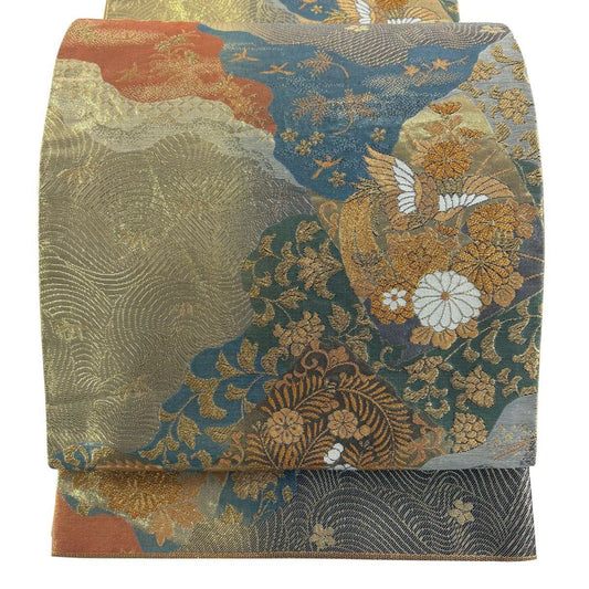 袋帶 秀品級 菊花 鳥 金絲 金金箔 青灰 六通 純蠶絲