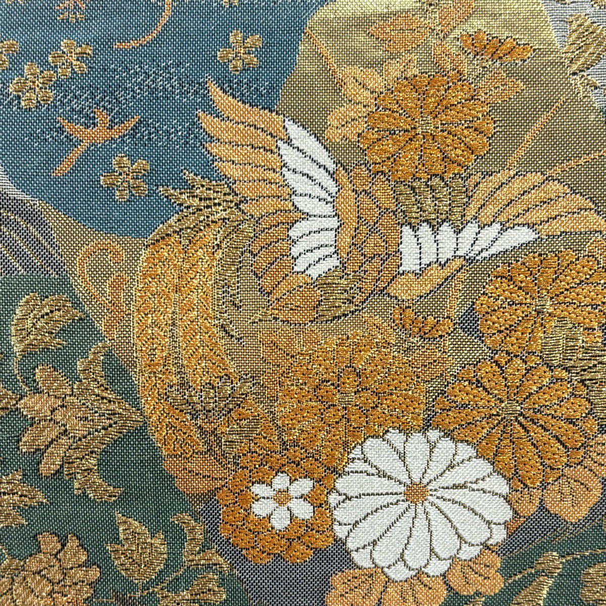 袋帶 秀品級 菊花 鳥 金絲 金金箔 青灰 六通 純蠶絲