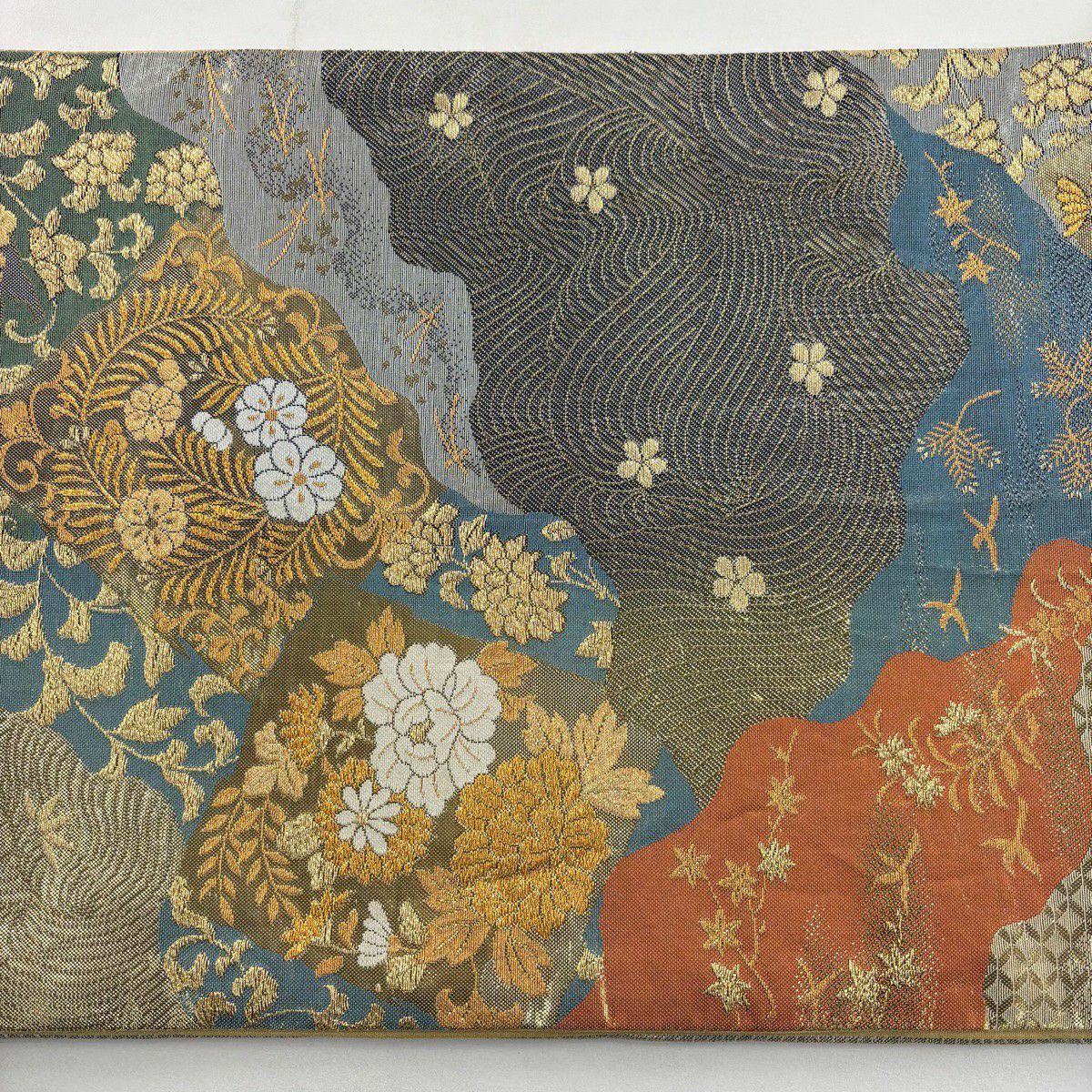 袋帶 秀品級 菊花 鳥 金絲 金金箔 青灰 六通 純蠶絲