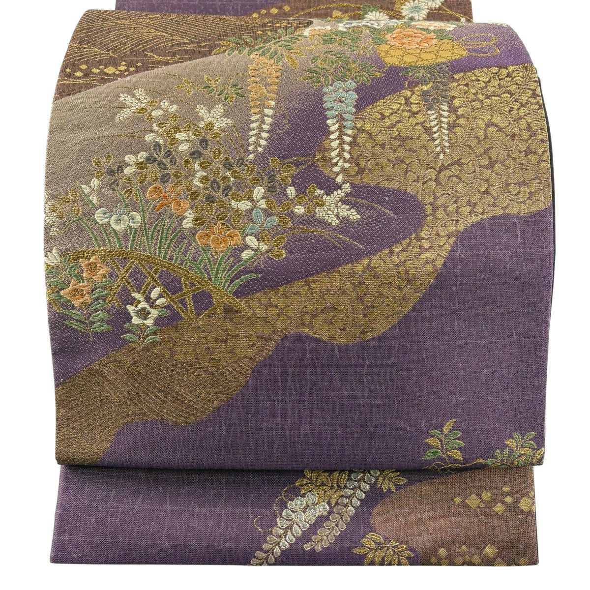 【美品】 袋帶 秀品級 花籠 流水 金銀彩 金金箔 紫 お太鼓柄 純蠶絲