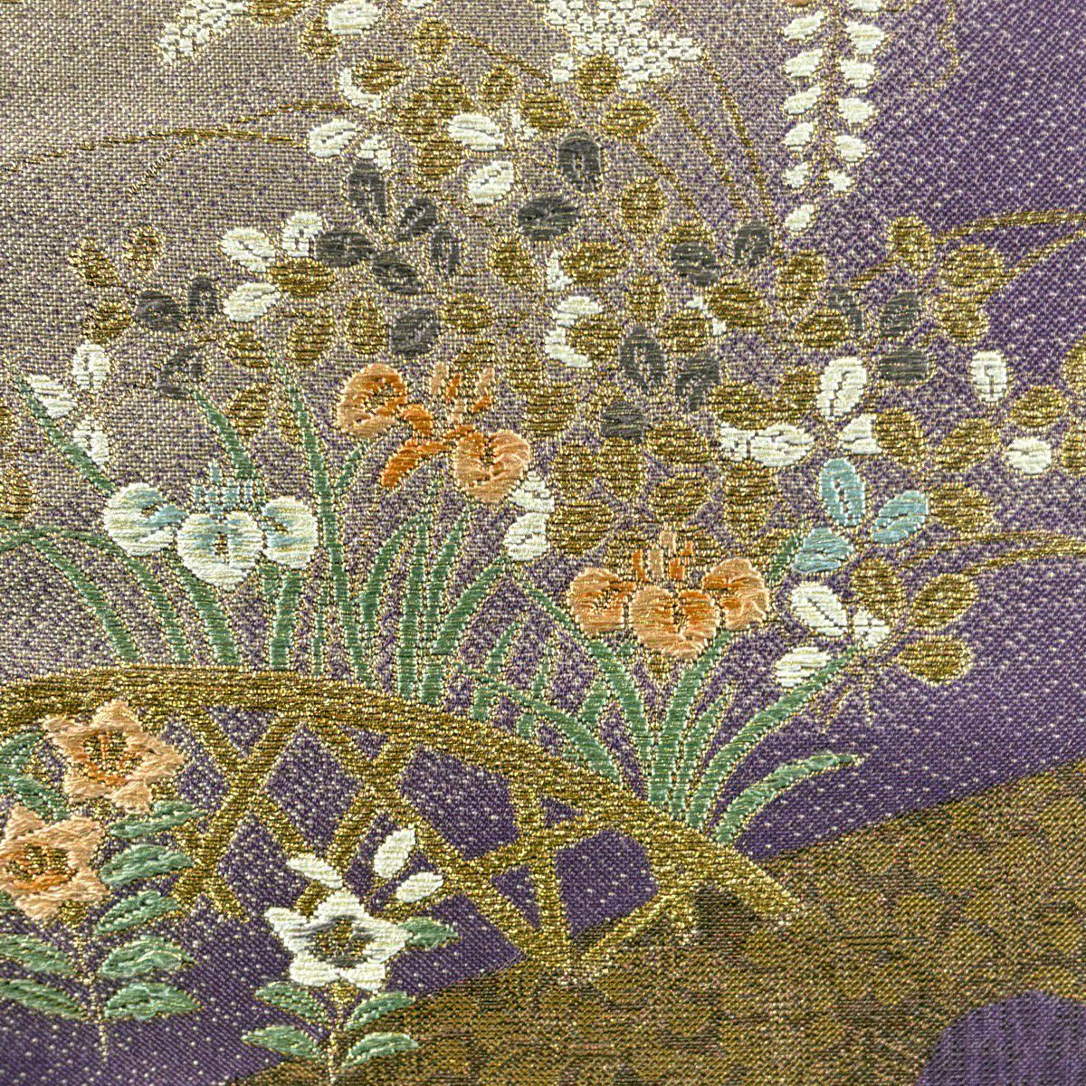 【美品】 袋帶 秀品級 花籠 流水 金銀彩 金金箔 紫 お太鼓柄 純蠶絲