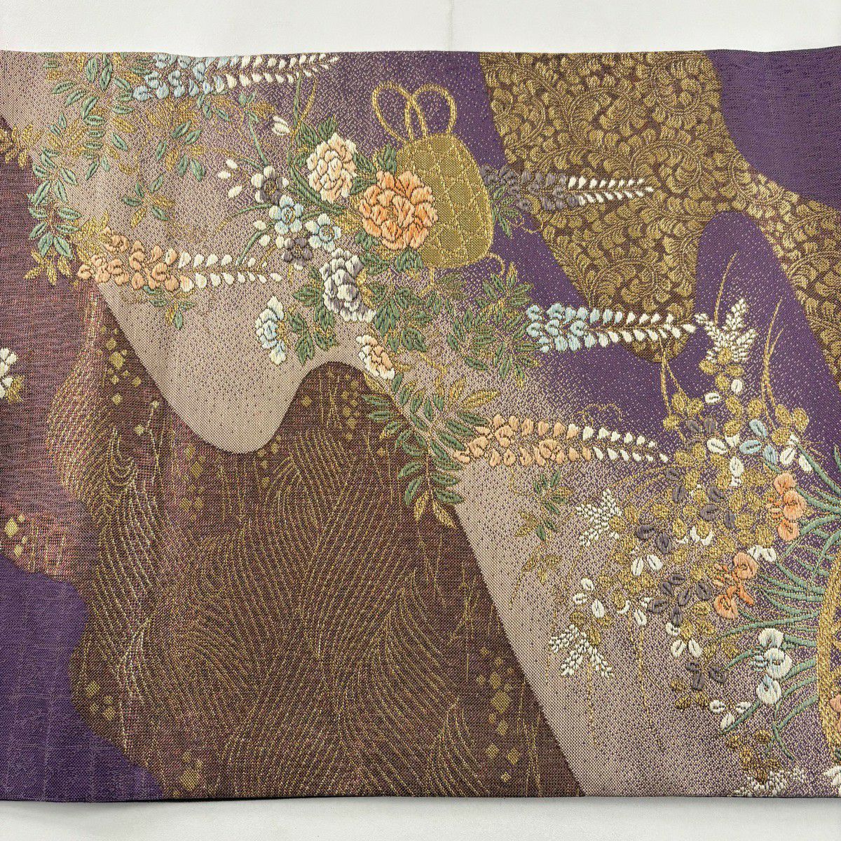 【美品】 袋帶 秀品級 花籠 流水 金銀彩 金金箔 紫 お太鼓柄 純蠶絲