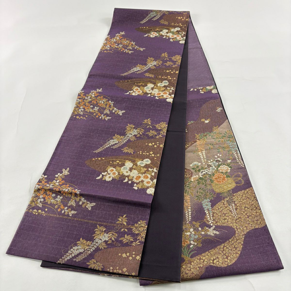 【美品】 袋帶 秀品級 花籠 流水 金銀彩 金金箔 紫 お太鼓柄 純蠶絲