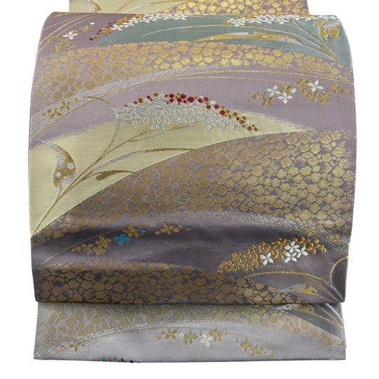 袋帶 秀品級 草花紋紋 霞 金銀彩 金金箔 灰紫 六通 純蠶絲