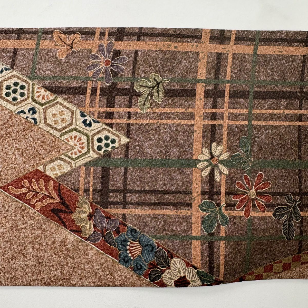 【美品】名古屋帶 秀品級 松樹川菱 草花紋 茶 純蠶絲