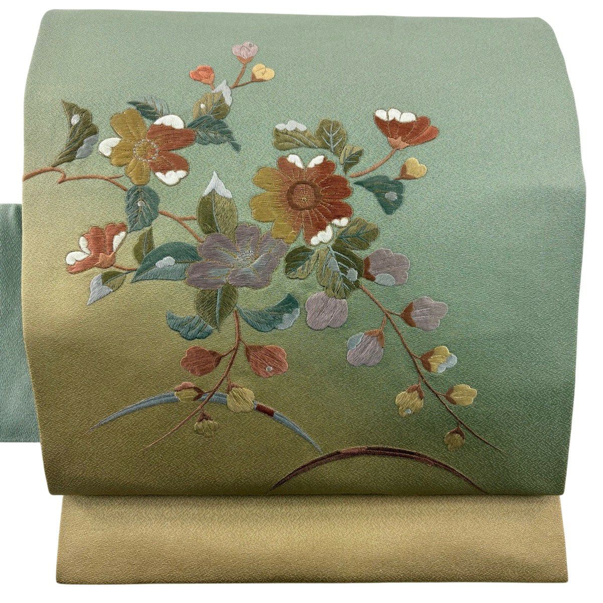 名古屋帶 秀品級 枝花 芝 刺繡 銀通 灰綠 純蠶絲