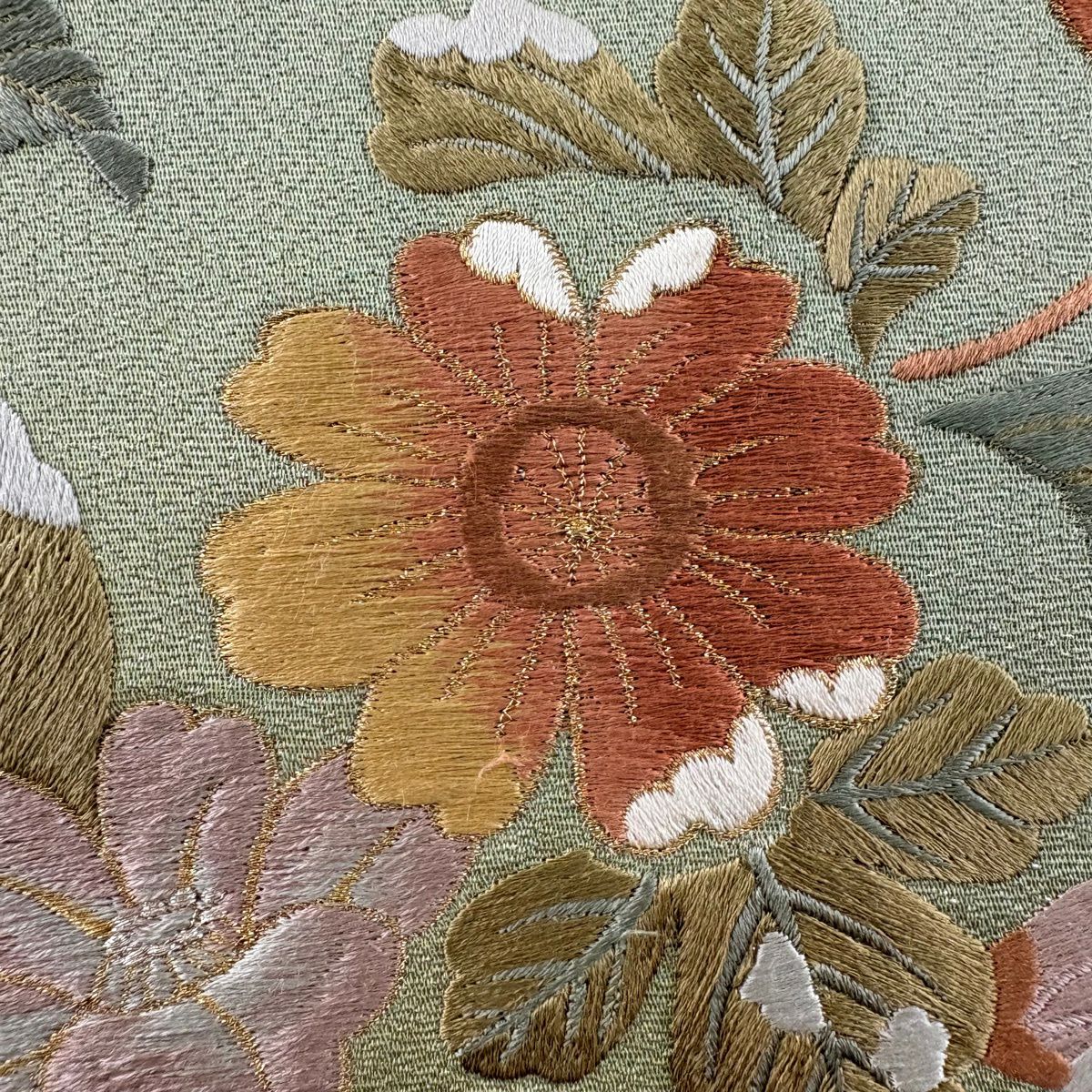 名古屋帶 秀品級 枝花 芝 刺繡 銀通 灰綠 純蠶絲