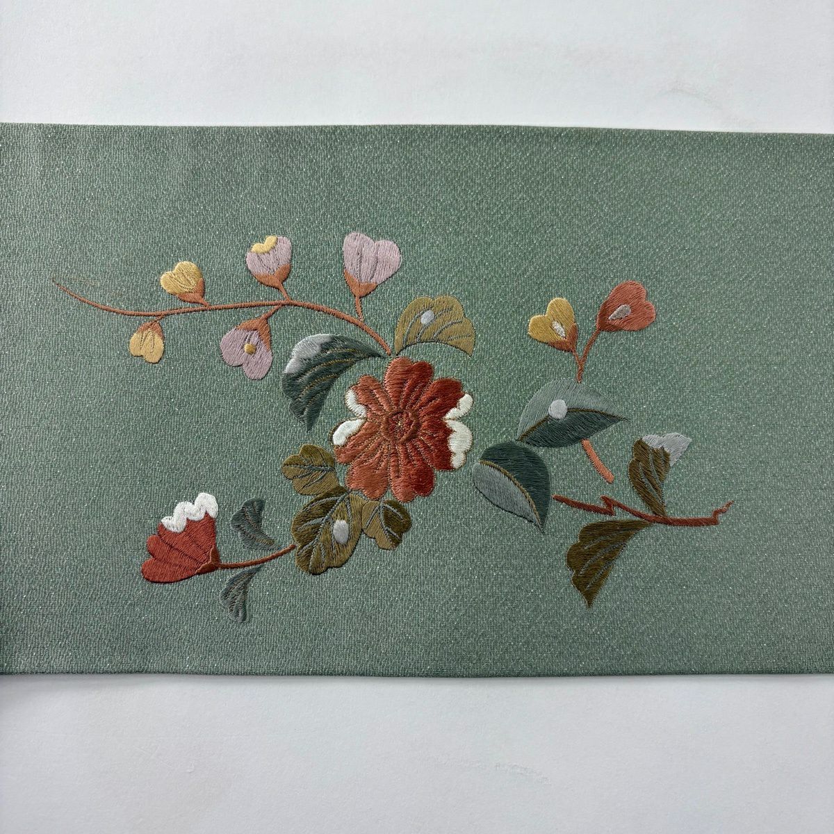 名古屋帶 秀品級 枝花 芝 刺繡 銀通 灰綠 純蠶絲