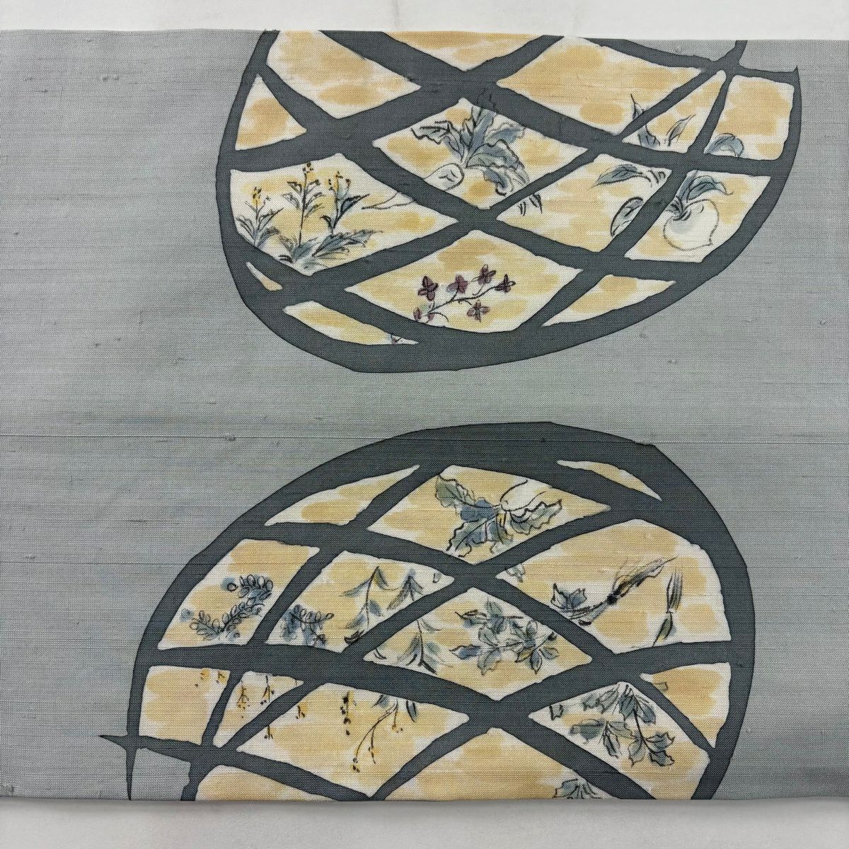 開口名古屋帶 優品級 紬織織 材質 草花紋圖案 青灰色 純蠶絲