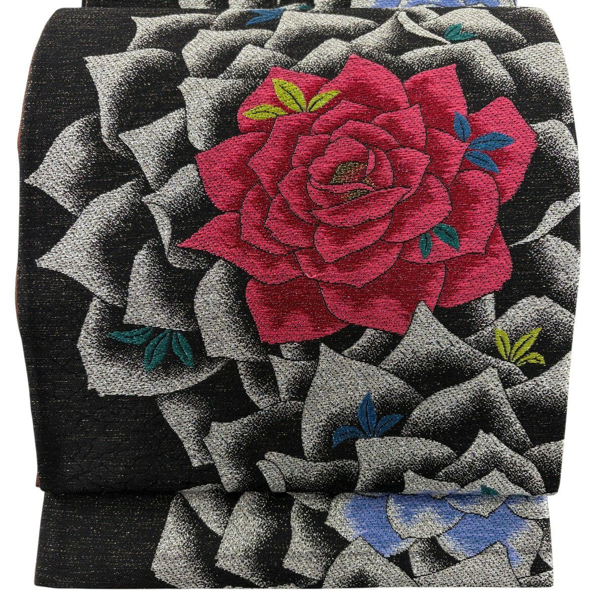 【美品】 袋帶 秀品級 草花紋紋 金金箔 黑 六通 純蠶絲