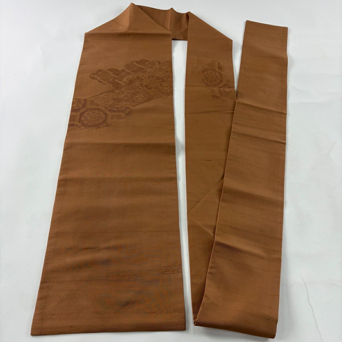 【美品】 名古屋帶 優品級 紬織織 雲文 草花紋 薄茶色 純蠶絲