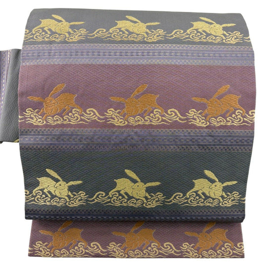 【美品】名古屋帶 秀品級 兔子 段紋 金金箔 紅紫 純蠶絲