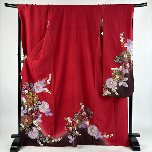 振袖禮服 身長170.5cm 袖長71cm L 雙層 菊花 花唐草紋 金絲 金銀彩 紅 純蠶絲 秀品級