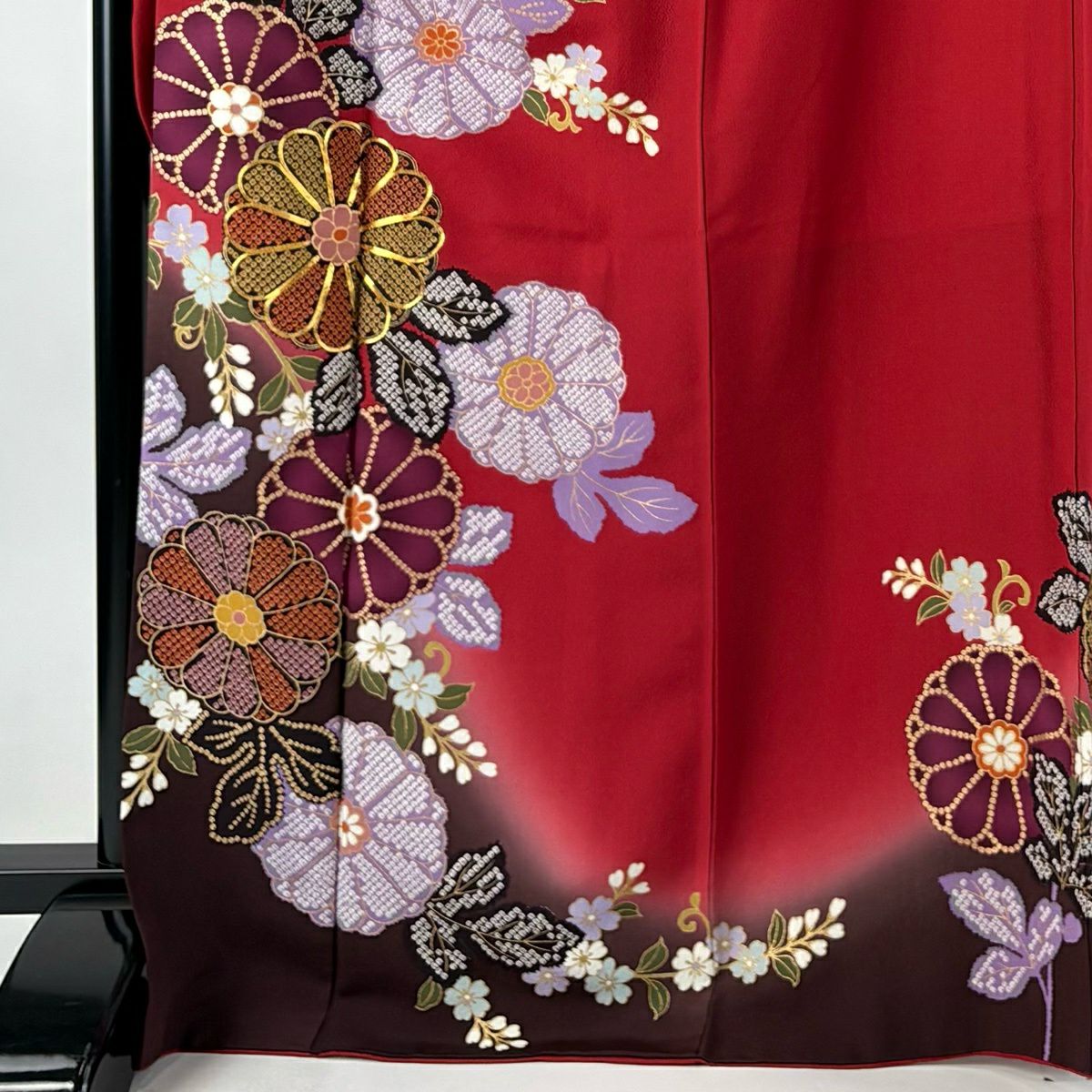 振袖禮服 身長170.5cm 袖長71cm L 雙層 菊花 花唐草紋 金絲 金銀彩 紅 純蠶絲 秀品級