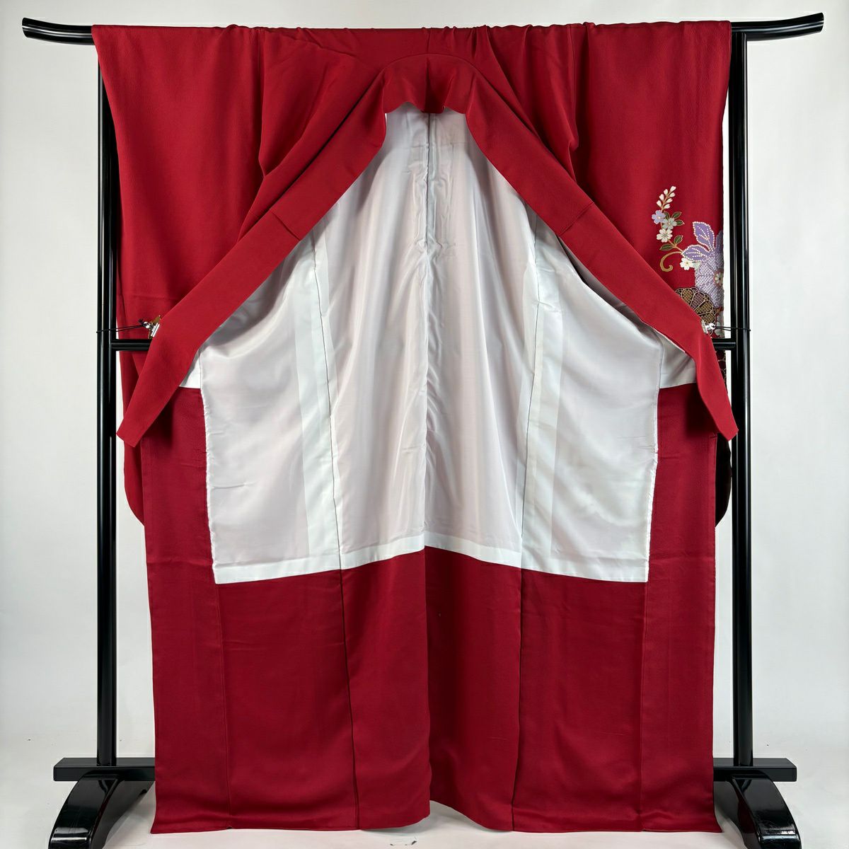 振袖禮服 身長170.5cm 袖長71cm L 雙層 菊花 花唐草紋 金絲 金銀彩 紅 純蠶絲 秀品級