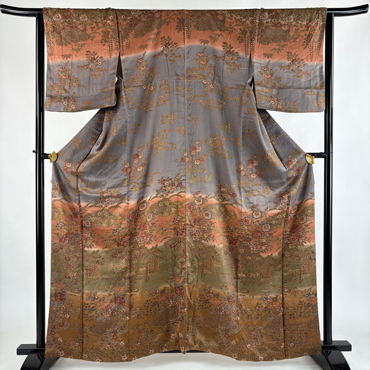 訪問服 身長161.5cm 袖長64.5cm M 雙層 草花紋紋 流水 絞染 分染 茶綠 純蠶絲 秀品級