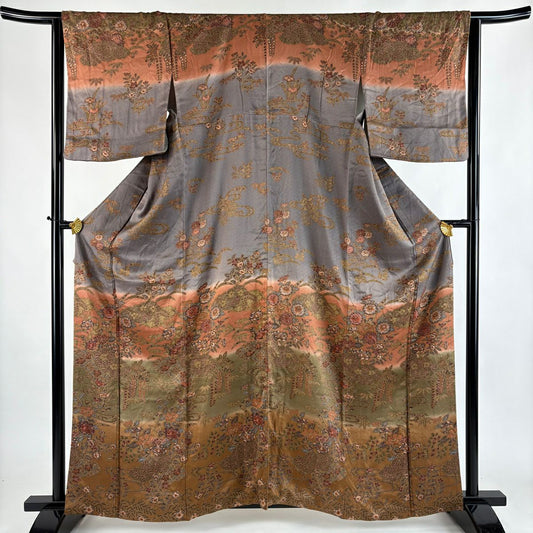 訪問服 身長161.5cm 袖長64.5cm M 雙層 草花紋紋 流水 絞染 分染 茶綠 純蠶絲 秀品級