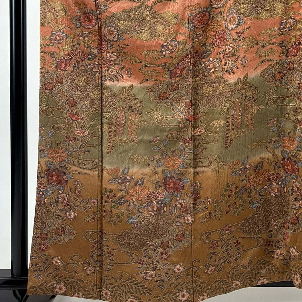 訪問服 身長161.5cm 袖長64.5cm M 雙層 草花紋紋 流水 絞染 分染 茶綠 純蠶絲 秀品級
