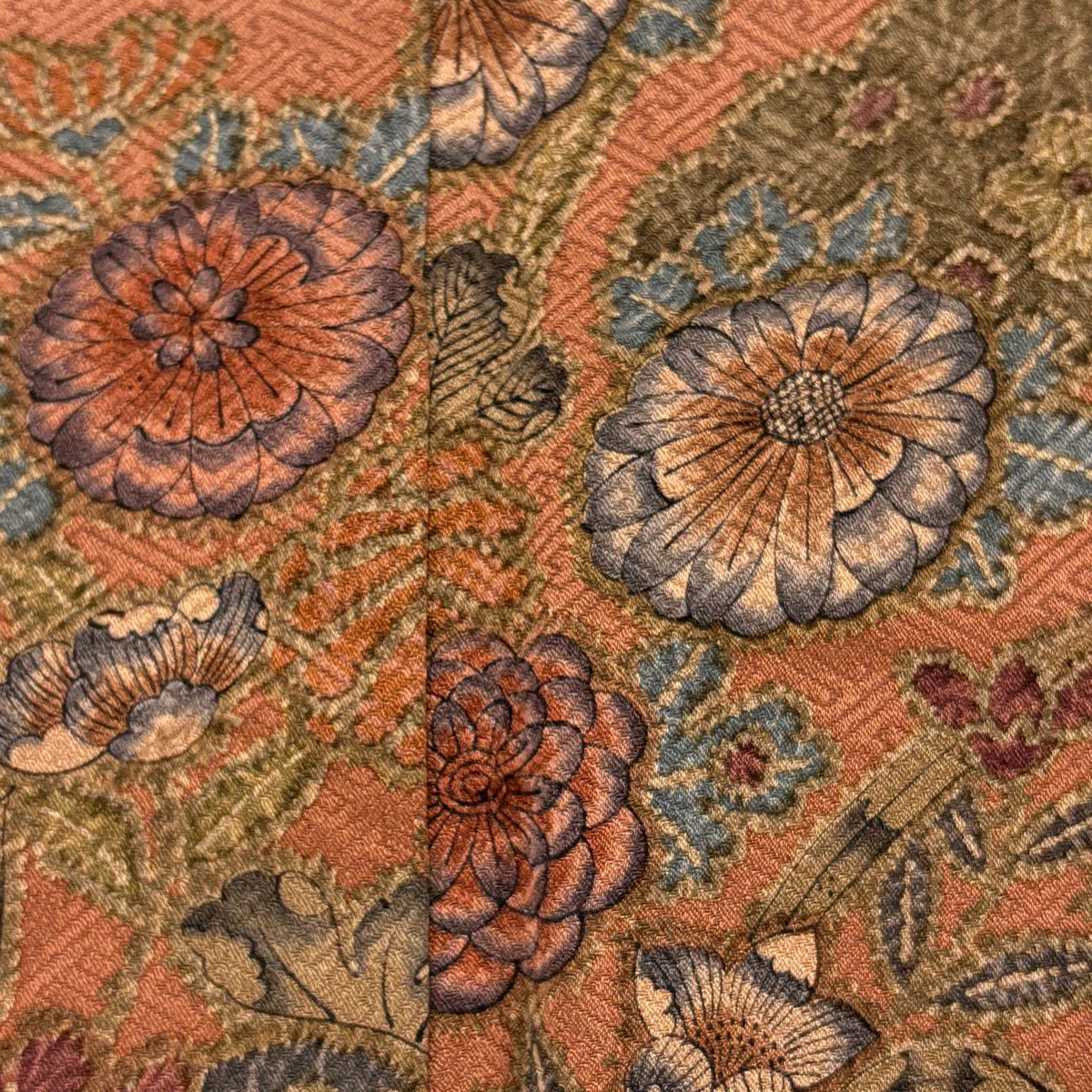 訪問服 身長161.5cm 袖長64.5cm M 雙層 草花紋紋 流水 絞染 分染 茶綠 純蠶絲 秀品級