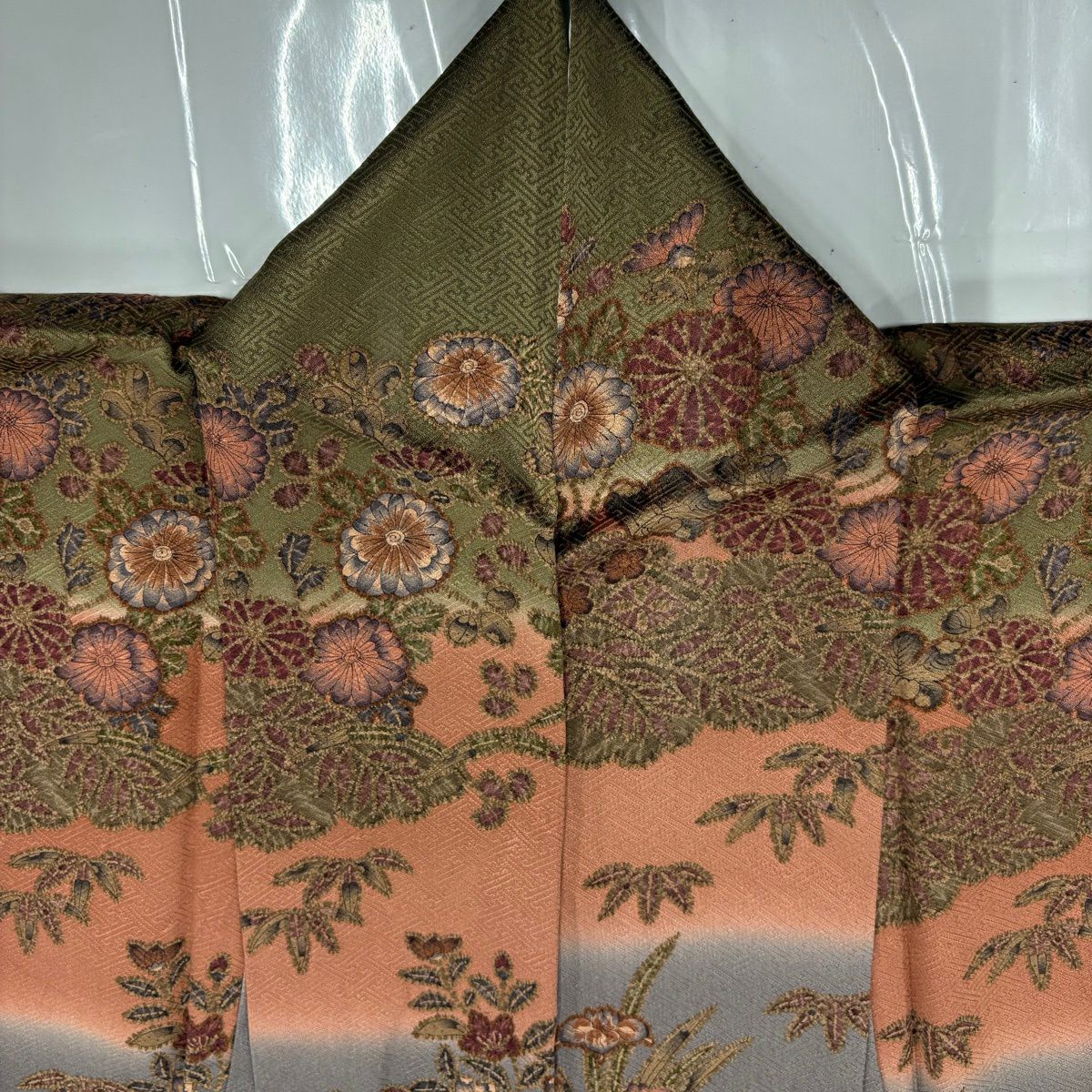 訪問服 身長161.5cm 袖長64.5cm M 雙層 草花紋紋 流水 絞染 分染 茶綠 純蠶絲 秀品級