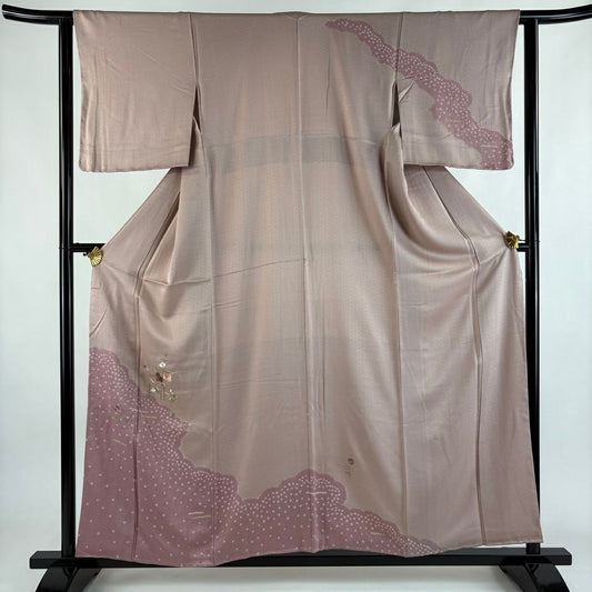 【美品】訪問服 身長157cm 袖長63cm S 雙層 草花紋紋 雲文 金糸刺繡 粉米色 純蠶絲 秀品級
