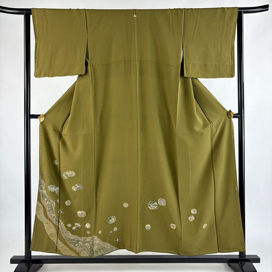 【美品】 留袖禮服禮服 身長154.5cm 袖長63.5cm S 雙層 寶盡くし 松樹 金絲 金銀彩 鶯色 純蠶絲 秀品級 一つ紋