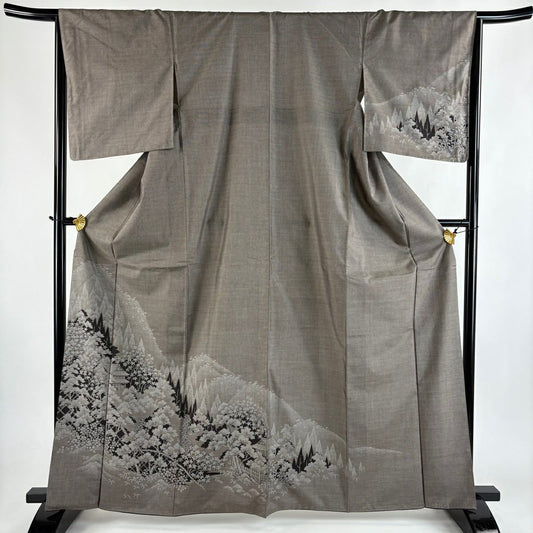 【美品】 付下 身長164.5cm 袖長65cm M 雙層 紬織織 樹木 建物 灰茶 純蠶絲 秀品級