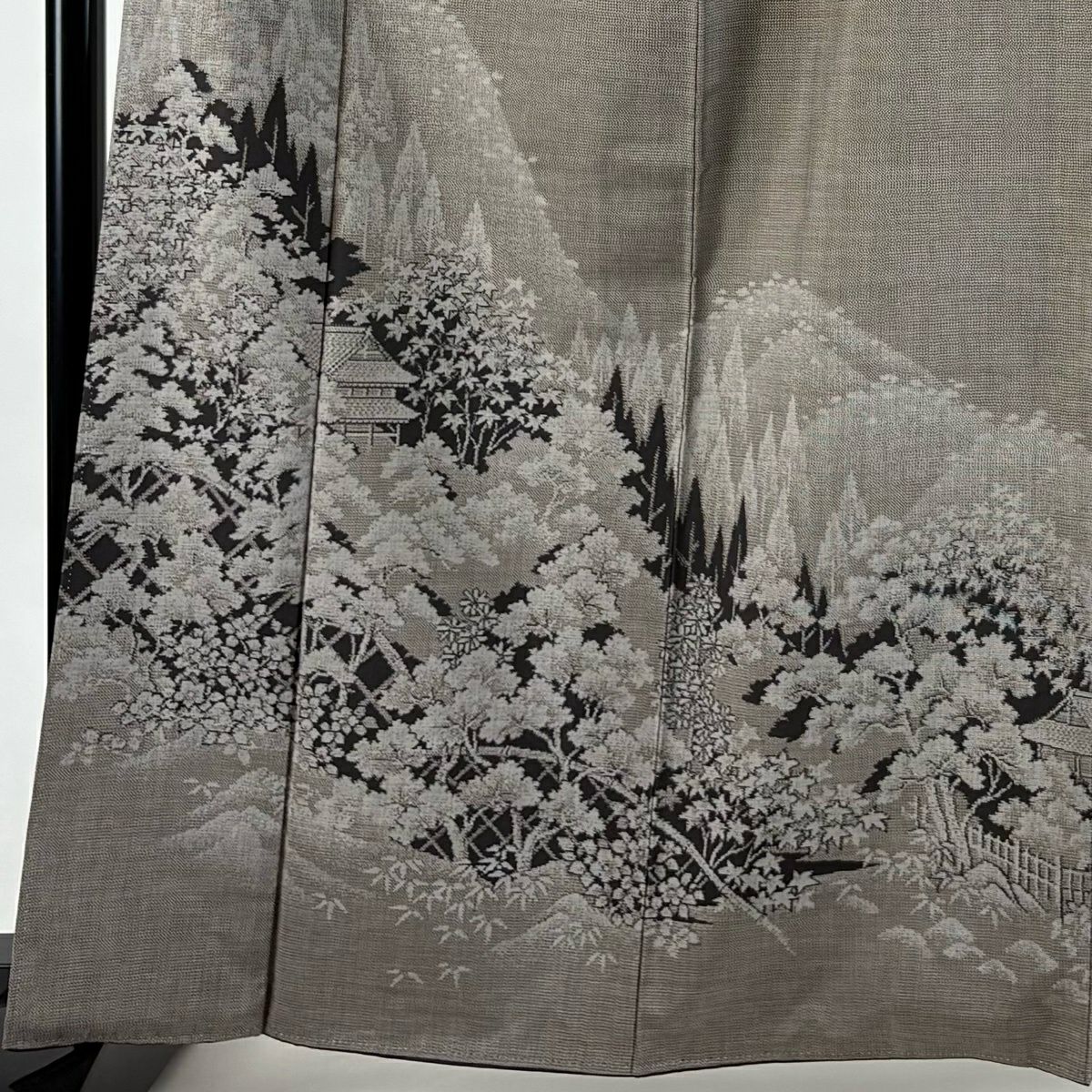 【美品】 付下 身長164.5cm 袖長65cm M 雙層 紬織織 樹木 建物 灰茶 純蠶絲 秀品級