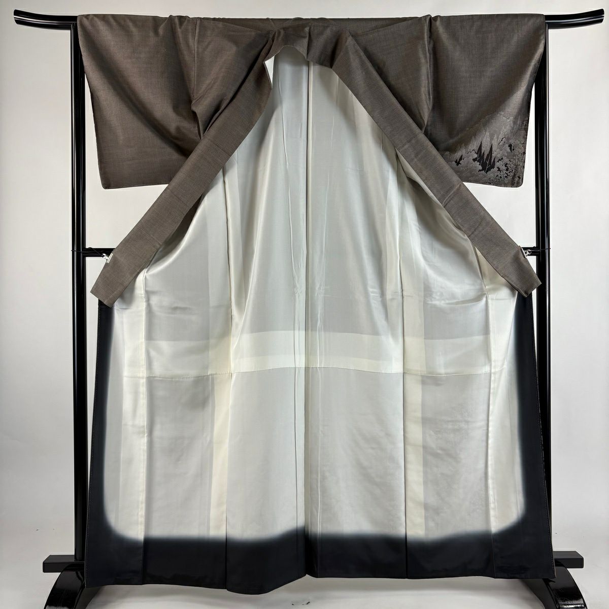 【美品】 付下 身長164.5cm 袖長65cm M 雙層 紬織織 樹木 建物 灰茶 純蠶絲 秀品級