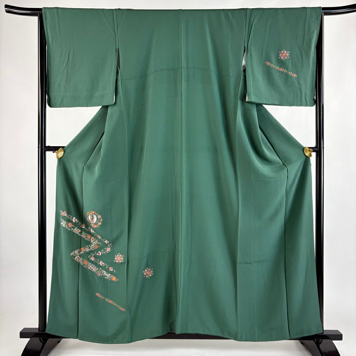 付下 身長158cm 袖長66cm M 雙層 鳳凰 花唐草紋 金糸 刺繡 綠 純蠶絲 秀品級
