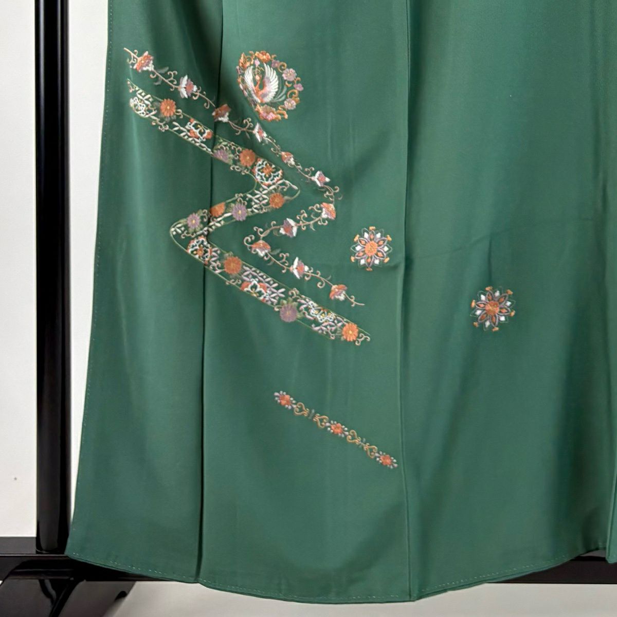 付下 身長158cm 袖長66cm M 雙層 鳳凰 花唐草紋 金糸 刺繡 綠 純蠶絲 秀品級