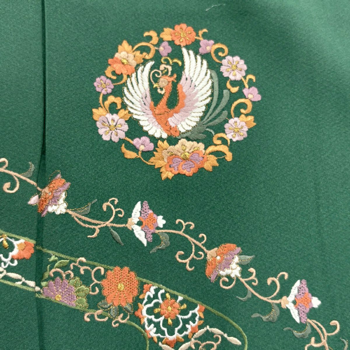 付下 身長158cm 袖長66cm M 雙層 鳳凰 花唐草紋 金糸 刺繡 綠 純蠶絲 秀品級