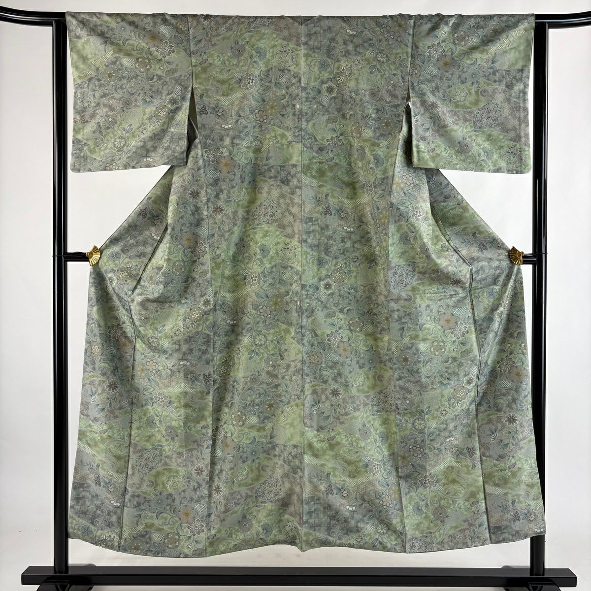 【美品】 小紋 身長151.5cm 袖長63.5cm S 雙層 大島紬織地 證書齊全 草花紋紋 流水 金銀彩 淺綠 純蠶絲 優品級
