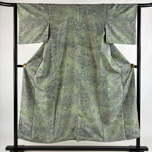 【美品】 小紋 身長151.5cm 袖長63.5cm S 雙層 大島紬織地 證書齊全 草花紋紋 流水 金銀彩 淺綠 純蠶絲 優品級