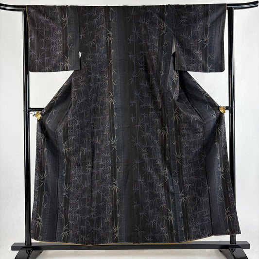 【美品】 大島紬織 身長157cm 袖長63.5cm S 雙層 純泥染 やまと 證書あり 竹子 黑 純蠶絲 秀品級