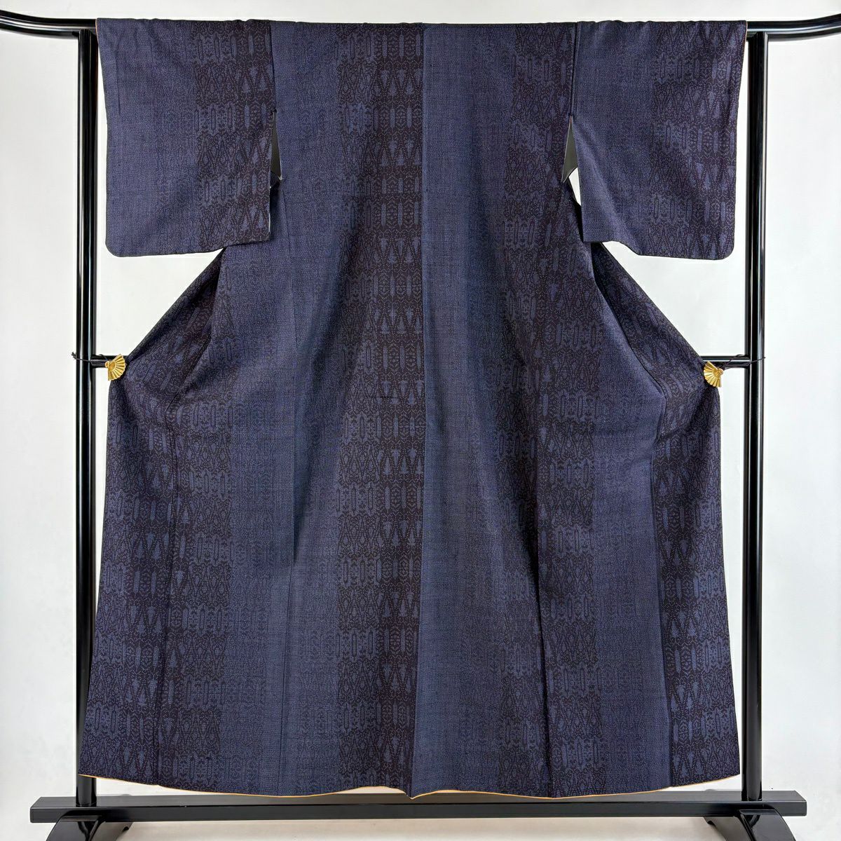 【美品】 紬織 身長155.5cm 袖長62.5cm S 雙層 證書齊全 幾何圖案 深藍 純蠶絲 優品級