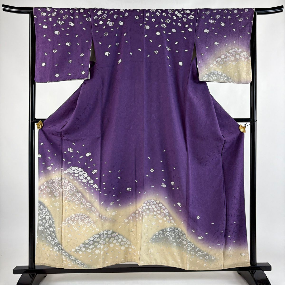 訪問服 身長157.5cm 袖長65.5cm M 雙層 萬壽菊花 花瓣 染分 紫 純蠶絲 優品級