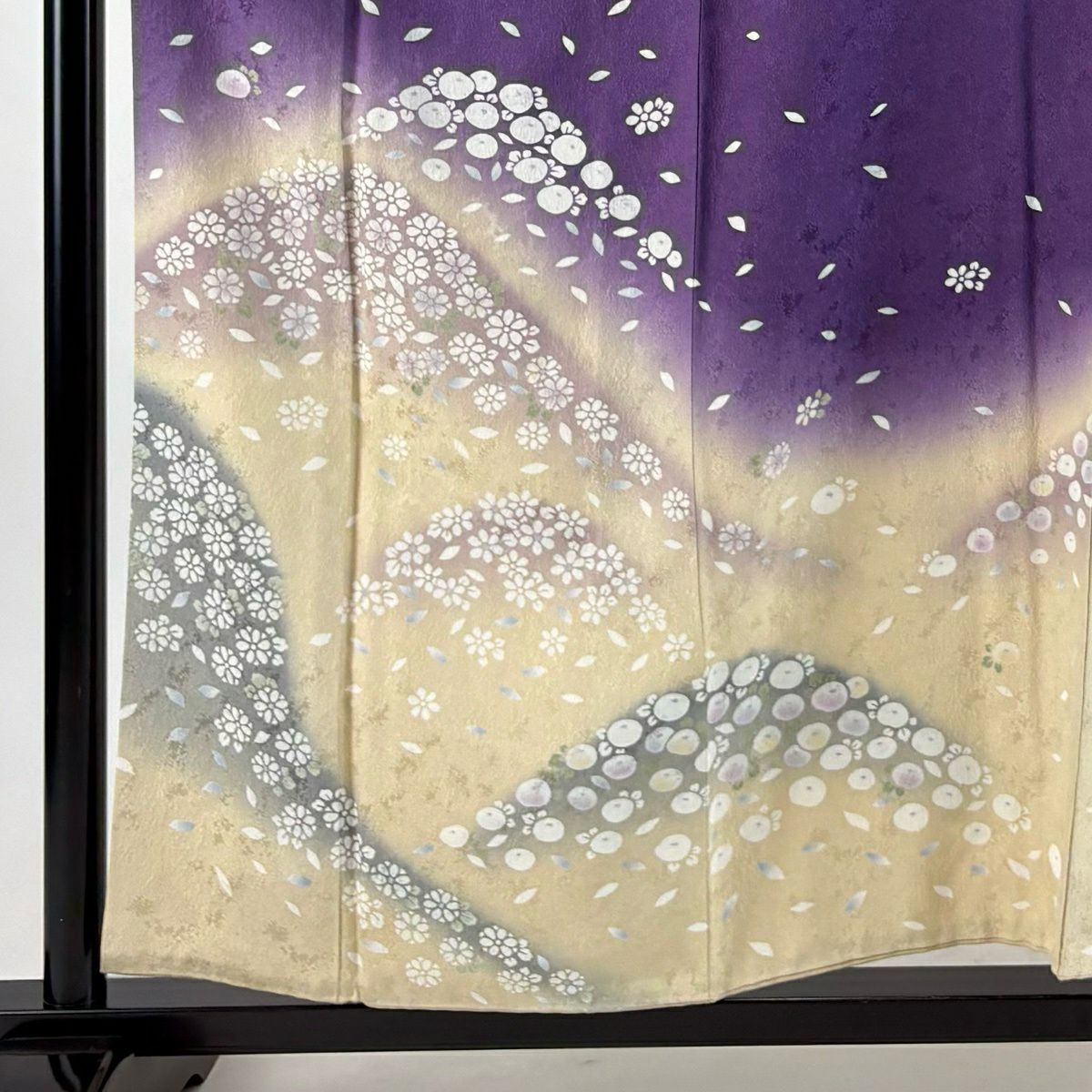 訪問服 身長157.5cm 袖長65.5cm M 雙層 萬壽菊花 花瓣 染分 紫 純蠶絲 優品級